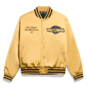 WWE WrestleMania 41 Gold Satin Varsity Bomber Jacket